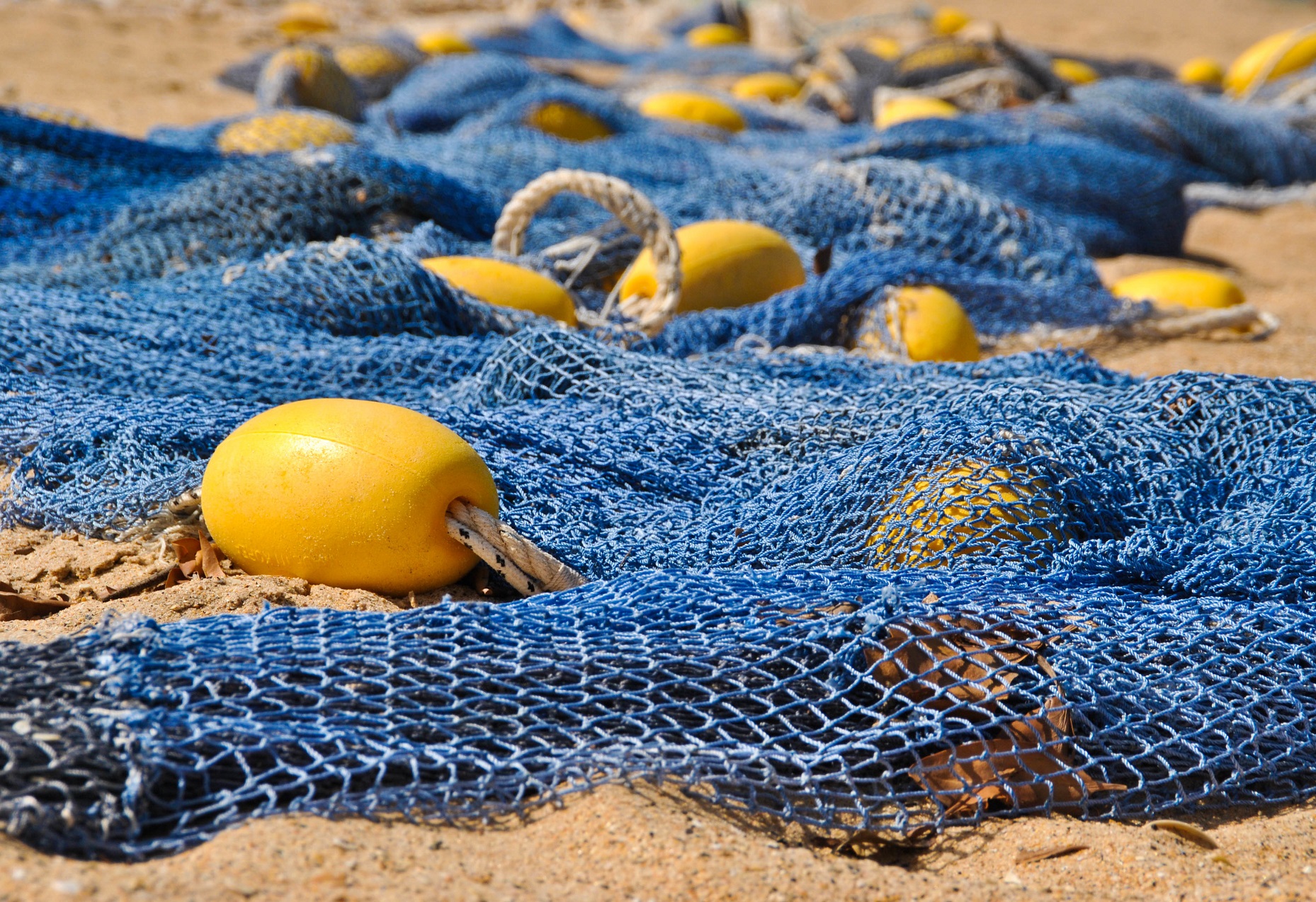 filets de mer bleu avec boules jaune sur le sable au Sénégal