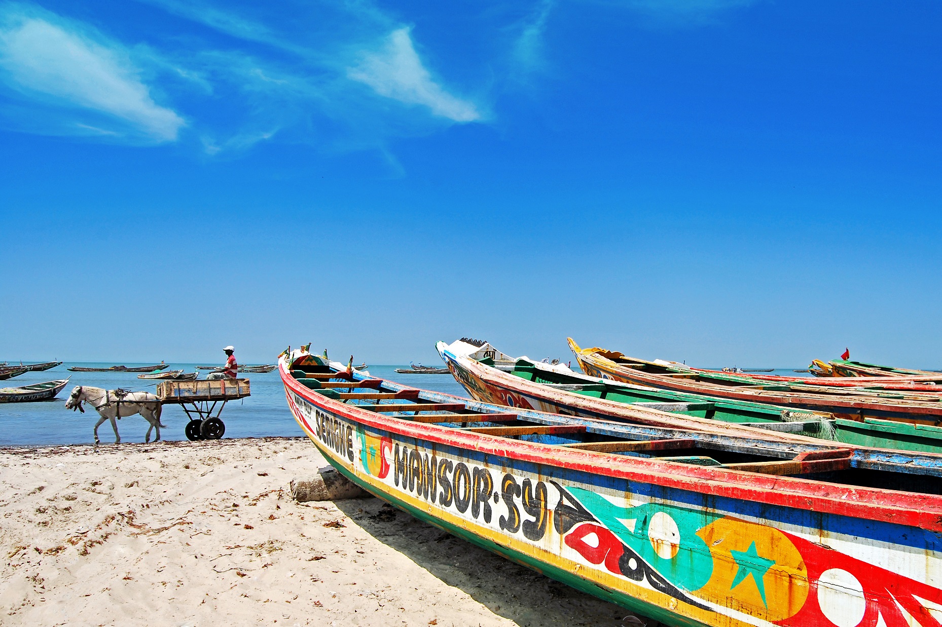 plage du Sénégal avec pirogues et charette